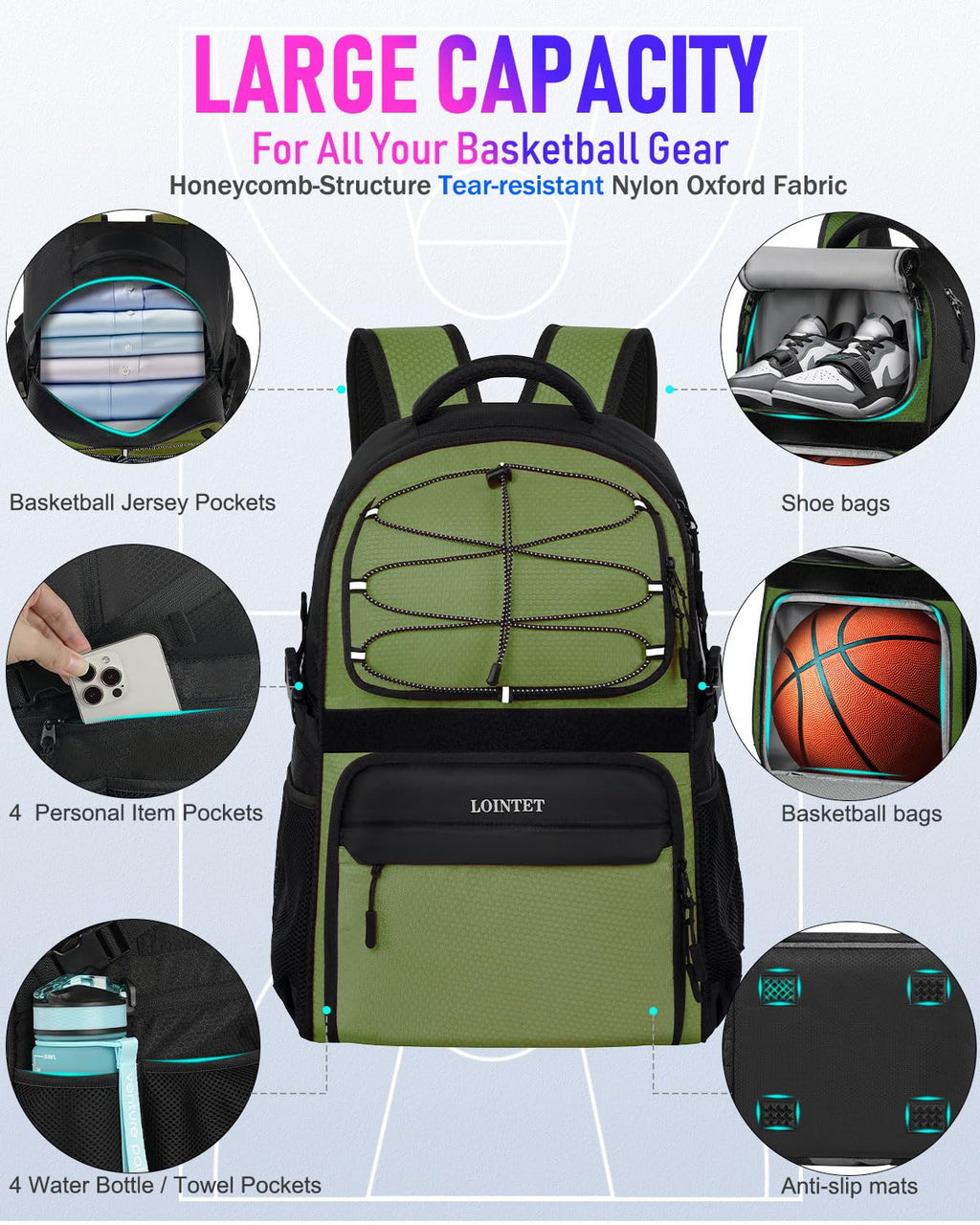 LOINTET Basketball Bag Backpack with Ball Holder Shoes Compartment, Large Basketball Accessories Sports Bag