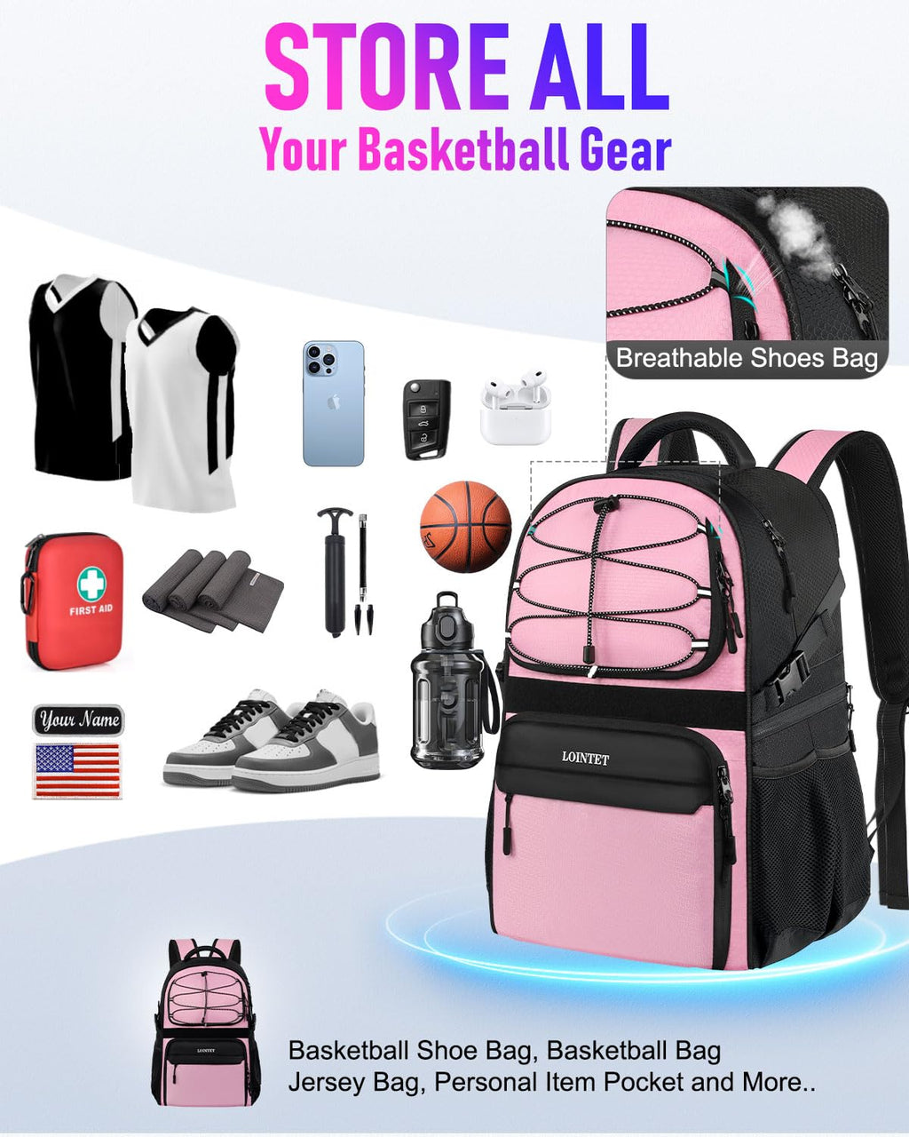 LOINTET Basketball Bag Backpack with Ball Holder Shoes Compartment, Large Basketball Accessories Sports Bag