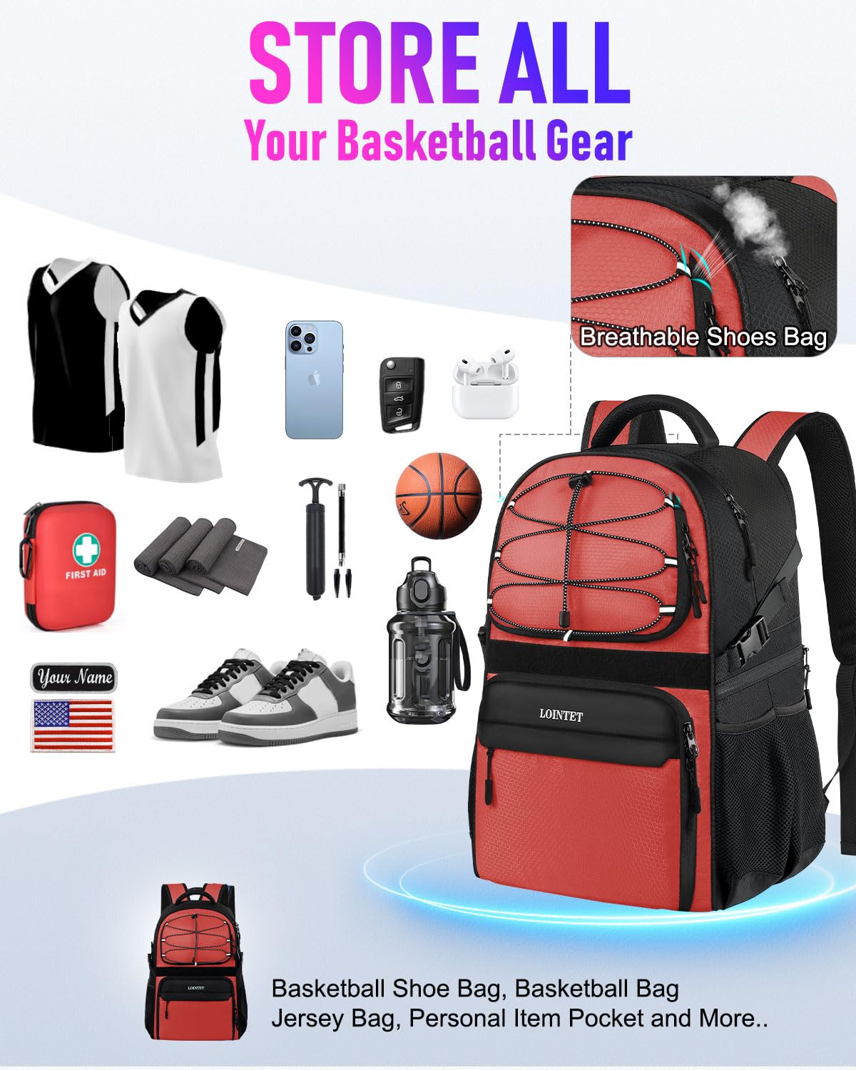 LOINTET Basketball Bag Backpack with Ball Holder Shoes Compartment, Large Basketball Accessories Sports Bag