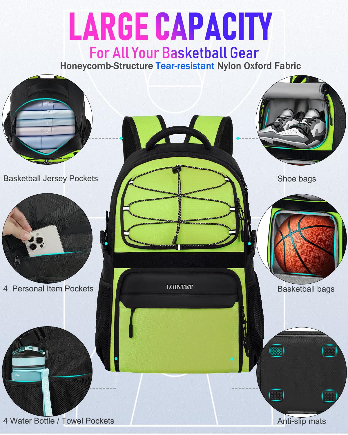 LOINTET Basketball Bag Backpack with Ball Holder Shoes Compartment, Large Basketball Accessories Sports Bag