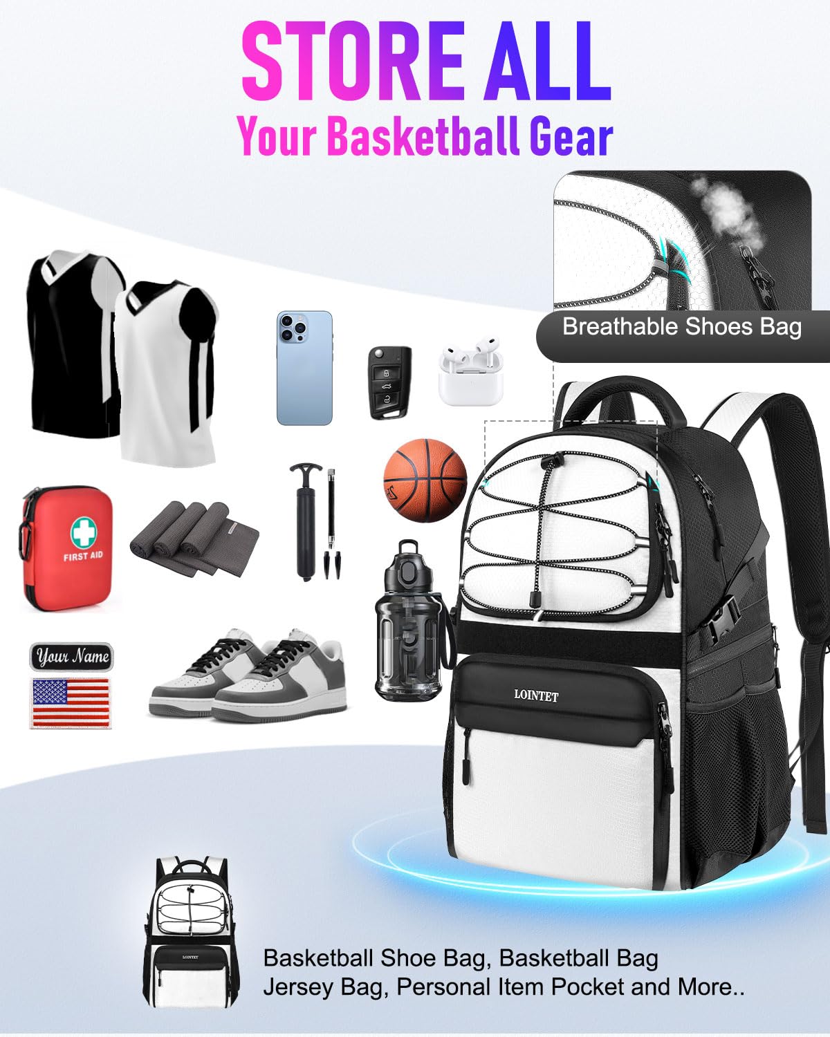 LOINTET Basketball Bag Backpack with Ball Holder Shoes Compartment, Large Basketball Accessories Sports Bag