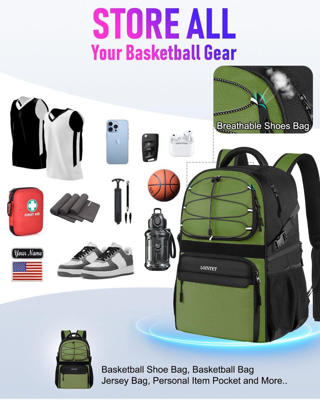 LOINTET Basketball Bag Backpack with Ball Holder Shoes Compartment, Large Basketball Accessories Sports Bag