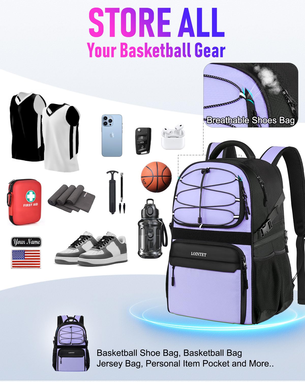 LOINTET Basketball Bag Backpack with Ball Holder Shoes Compartment, Large Basketball Accessories Sports Bag