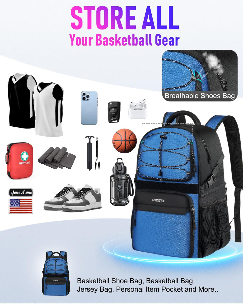 LOINTET Basketball Bag Backpack with Ball Holder Shoes Compartment, Large Basketball Accessories Sports Bag