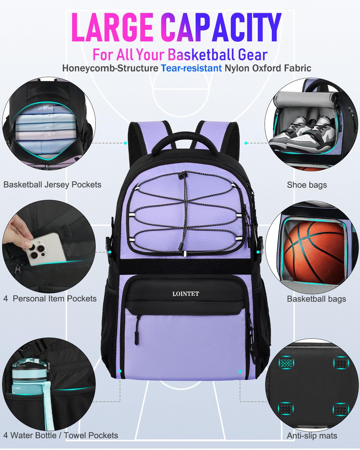 LOINTET Basketball Bag Backpack with Ball Holder Shoes Compartment, Large Basketball Accessories Sports Bag