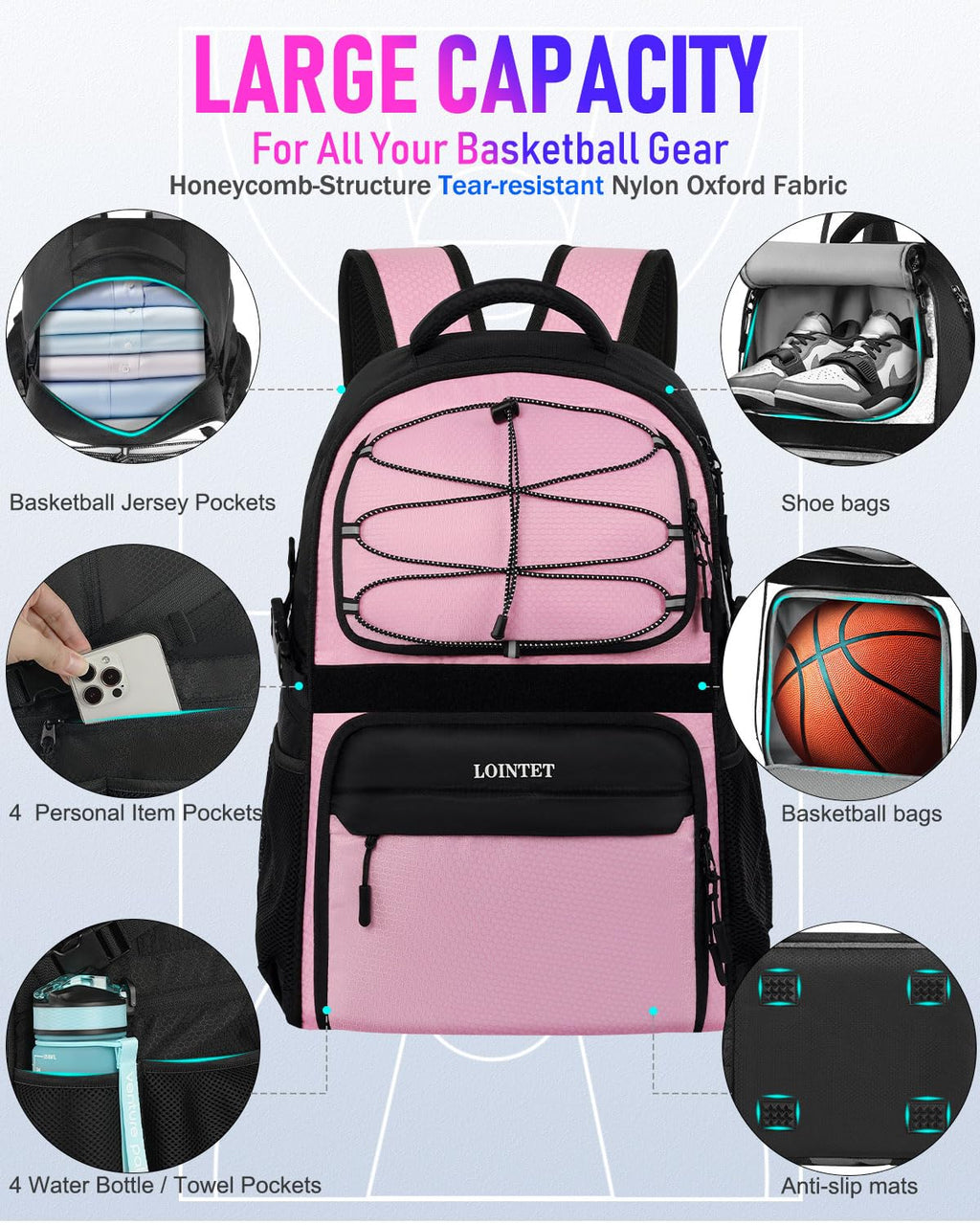 LOINTET Basketball Bag Backpack with Ball Holder Shoes Compartment, Large Basketball Accessories Sports Bag
