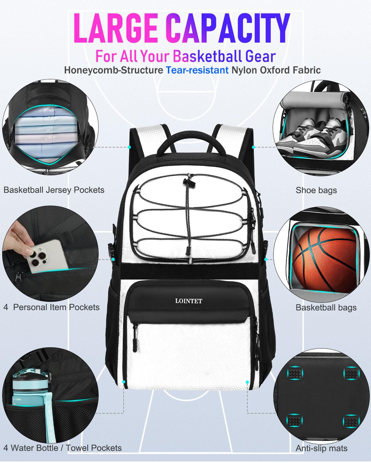 LOINTET Basketball Bag Backpack with Ball Holder Shoes Compartment, Large Basketball Accessories Sports Bag