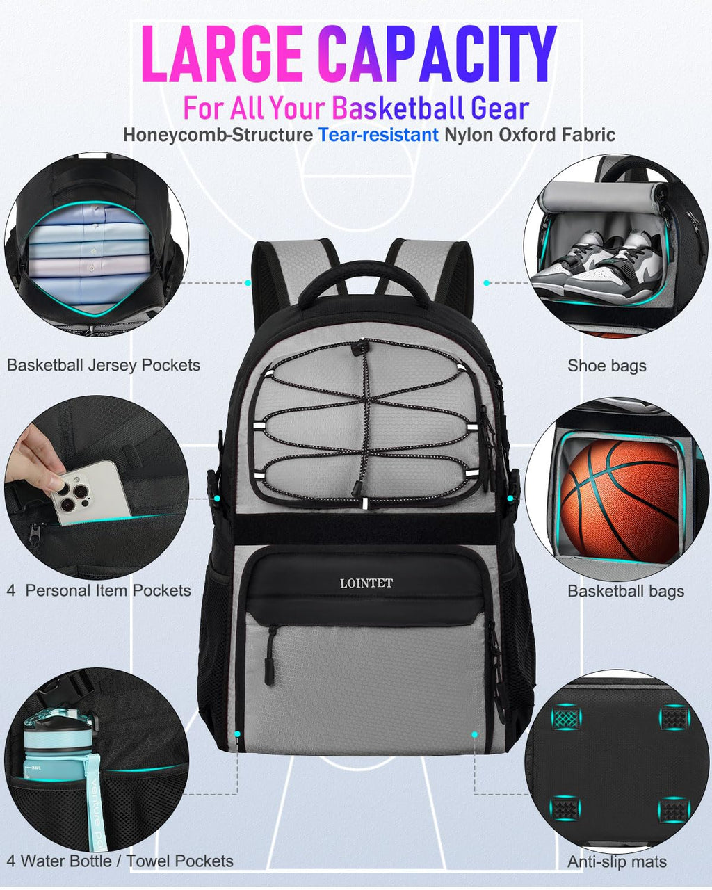 LOINTET Basketball Bag Backpack with Ball Holder Shoes Compartment, Large Basketball Accessories Sports Bag