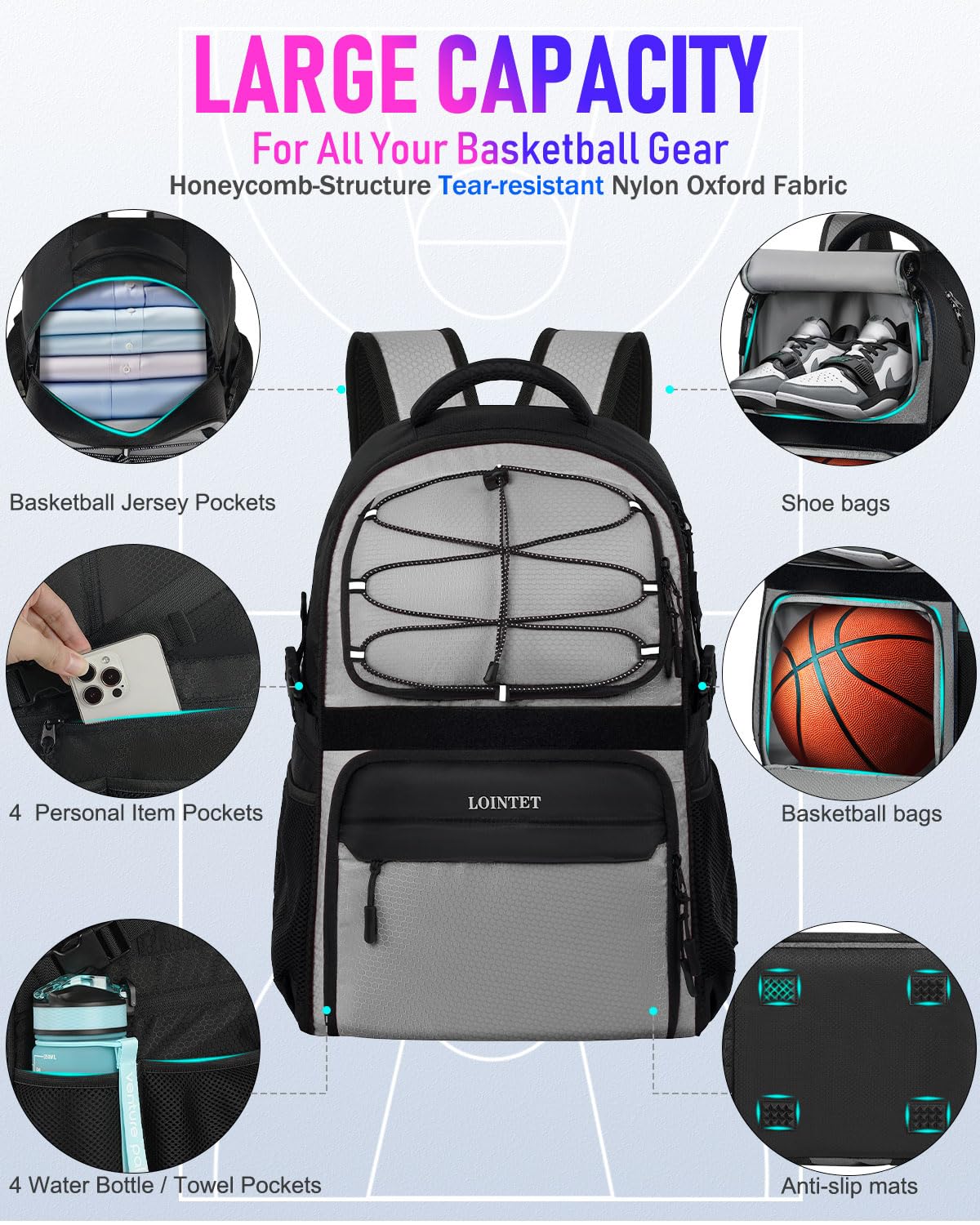 LOINTET Basketball Bag Backpack with Ball Holder Shoes Compartment, Large Basketball Accessories Sports Bag