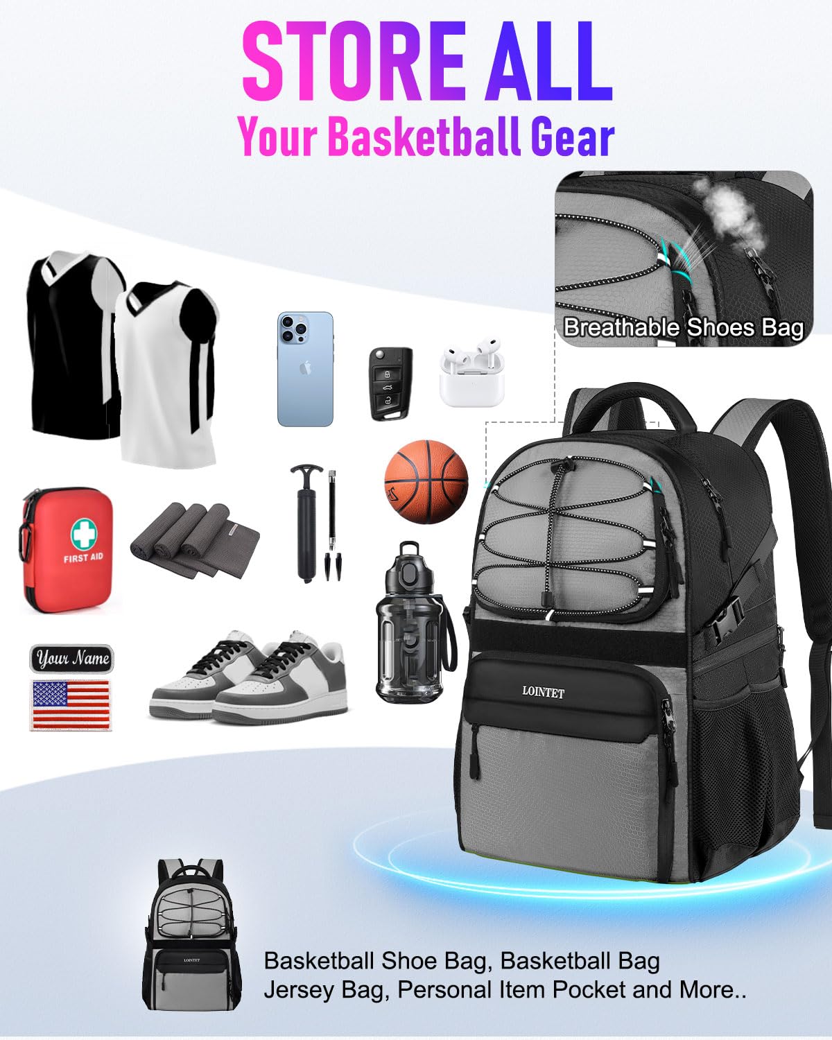 LOINTET Basketball Bag Backpack with Ball Holder Shoes Compartment, Large Basketball Accessories Sports Bag