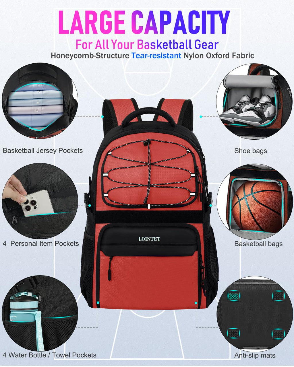 LOINTET Basketball Bag Backpack with Ball Holder Shoes Compartment, Large Basketball Accessories Sports Bag