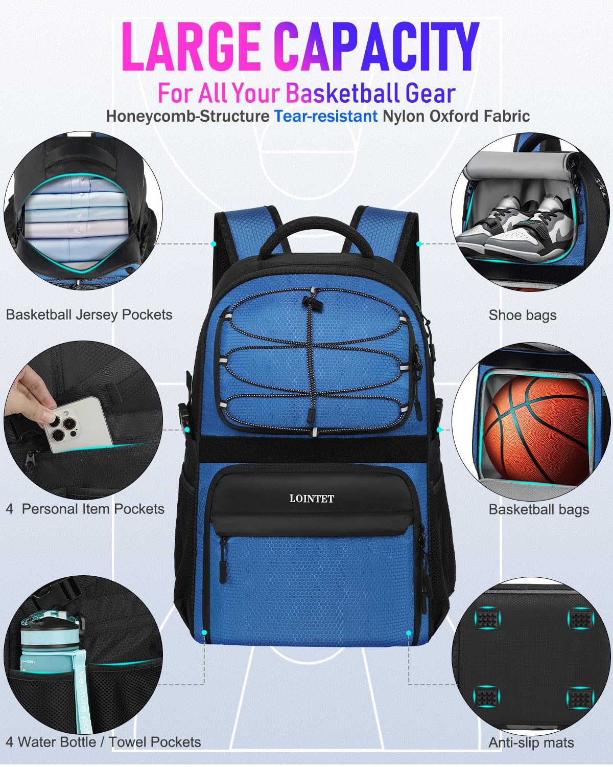 LOINTET Basketball Bag Backpack with Ball Holder Shoes Compartment, Large Basketball Accessories Sports Bag